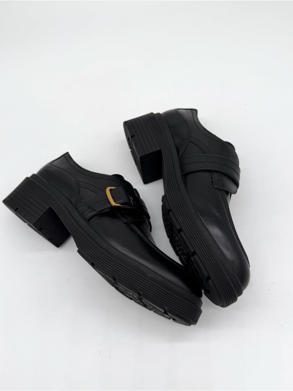 Cole Haan Black Leather Carlitta Monk Strap Loafer with Gold Buckle - Picture 4 of 8